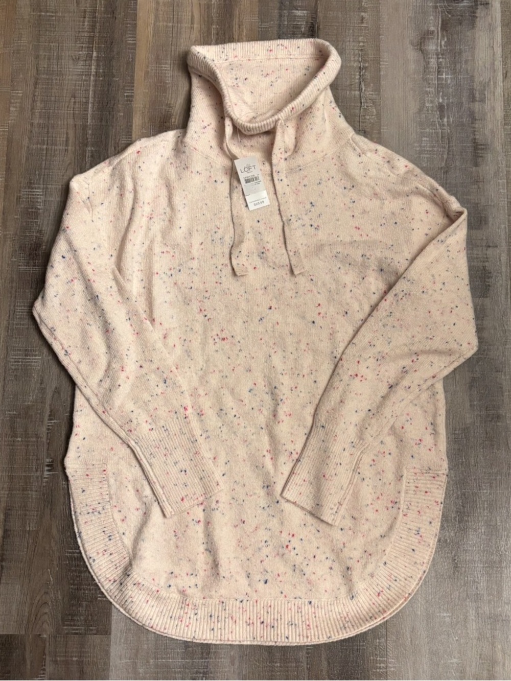 LOFT Cream Confetti Speckled Cowl Neck Tunic Sweater Drawstring Size Medium NWT